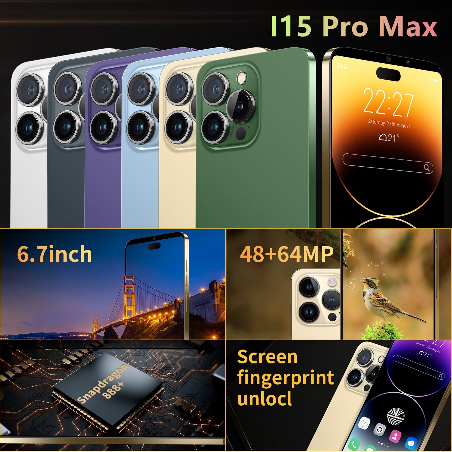 15 Pro Max 7.3inch Android 16gb+512gb Mobile Cell Phone Android 13 Smartphone Unlocked Mobile Phones For I15 in stock